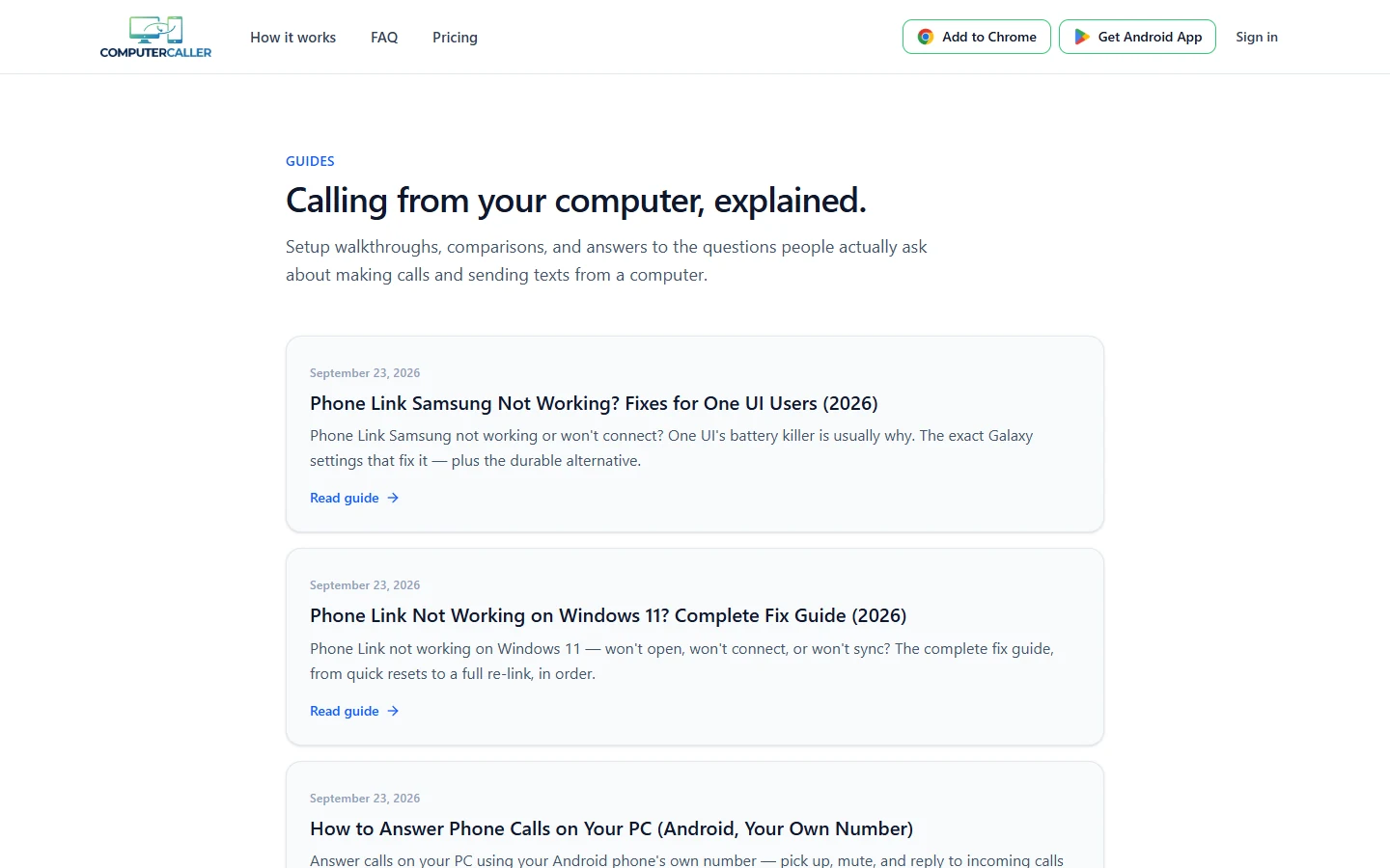 Skjermbilde av computercaller.com/guides: ComputerCaller har en egen guideseksjon om å ringe fra datamaskinen, blant annet om Microsoft Phone Link.
