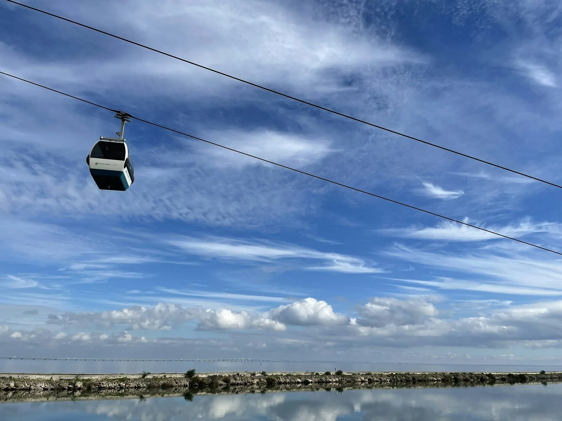 Taubanegondol over elvepromenaden i Parque das Nações med Tejo-elva under