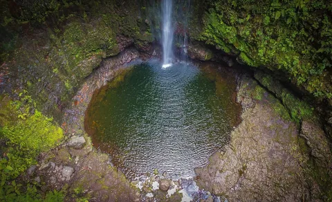 Fossen i Caldeirão Verde faller ned i en rund, grønn kulp omgitt av mosekledde bergvegger