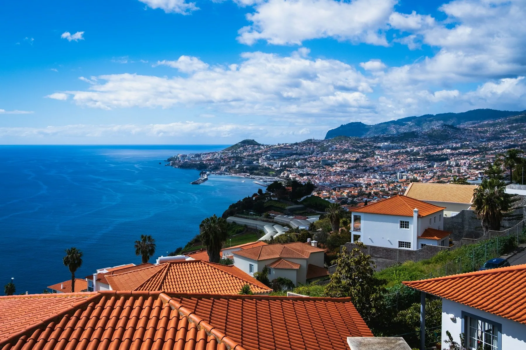 Hvite og brune hus tett i tett langs Funchal-bukta med havet like ved