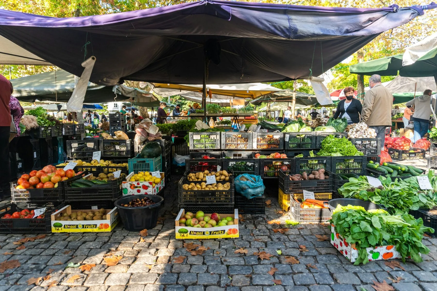Kasser med frukt og grønnsaker under presenninger på et torgmarked med portugisisk brostein