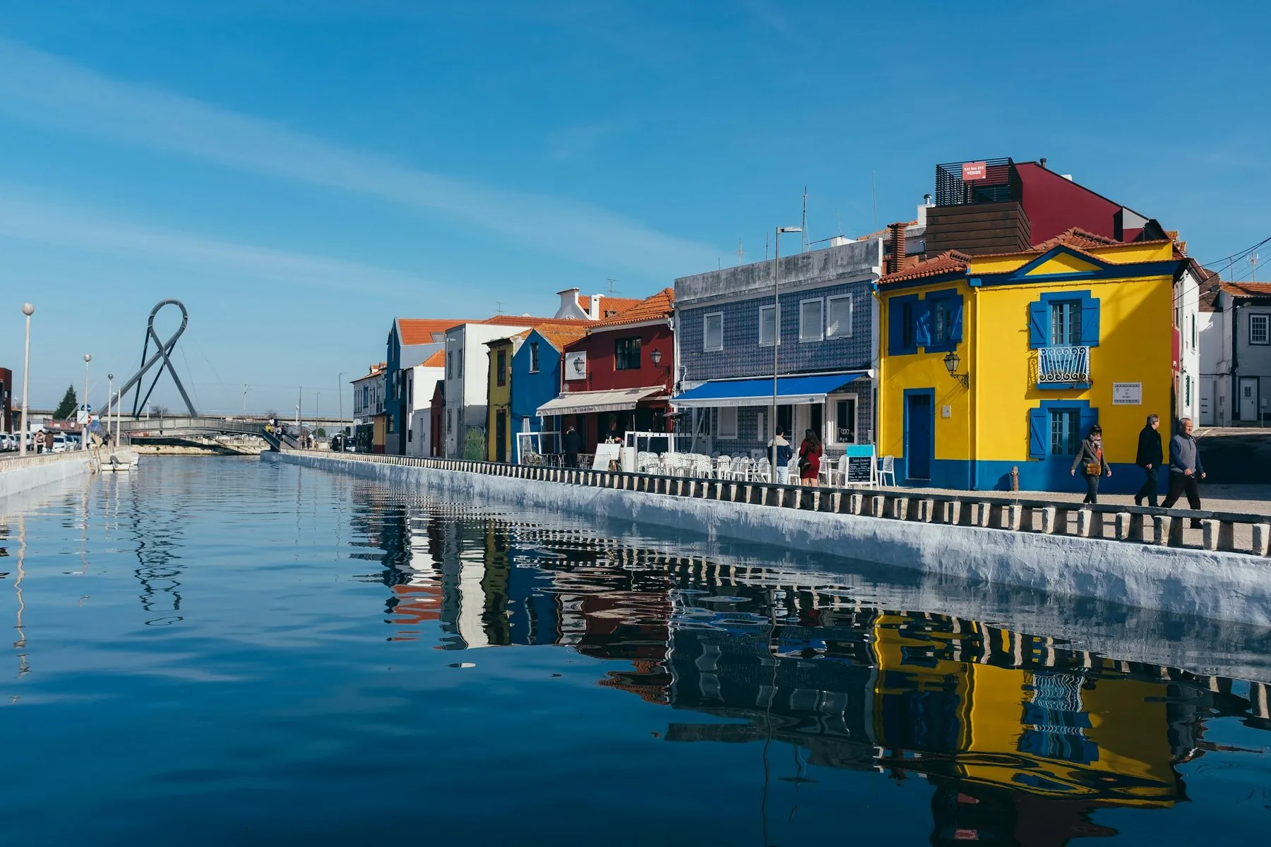 Fargerike hus langs kanalen i Aveiro speilet i stille vann under blå himmel