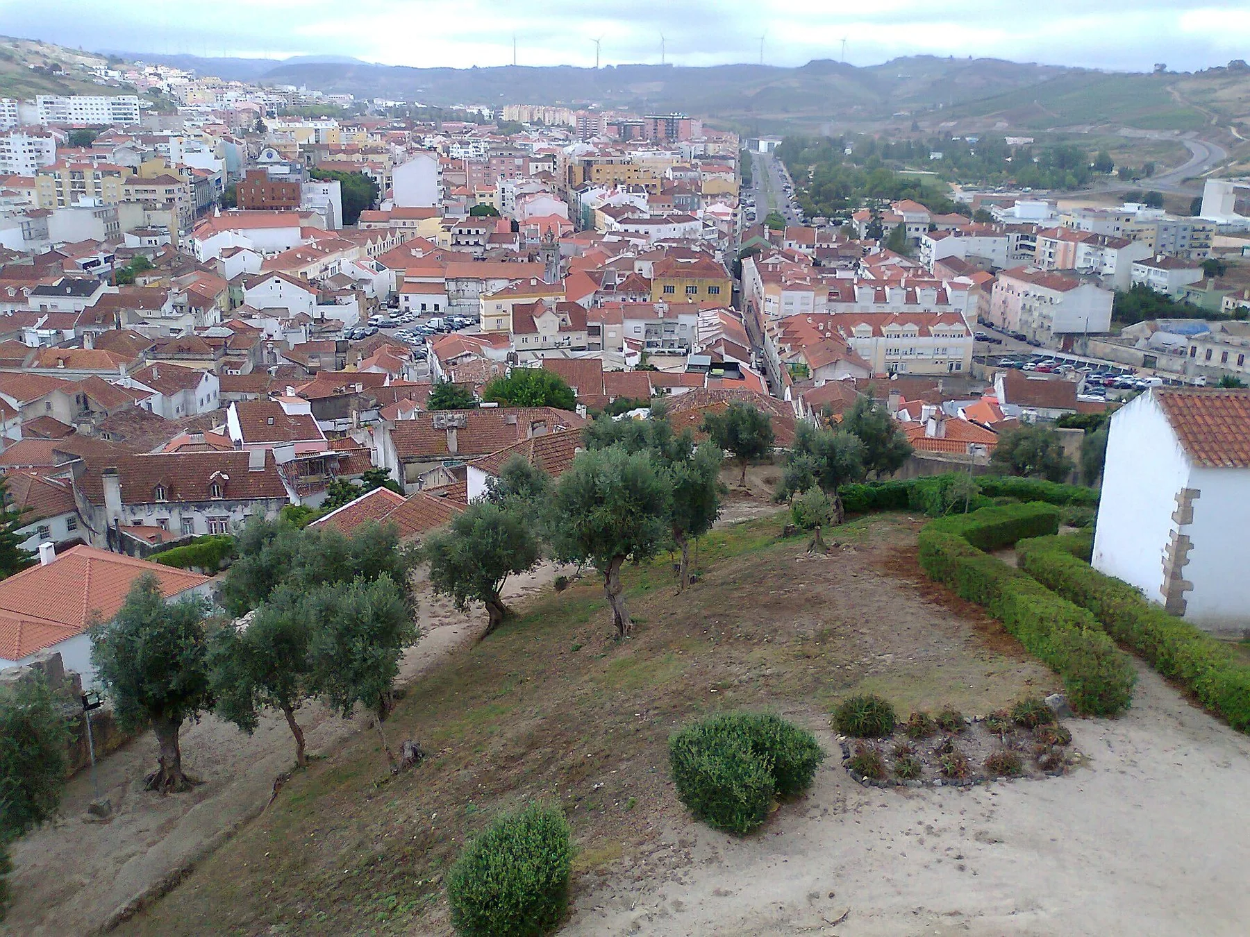 Utsikt fra borgen over de hvite husene og de røde takene i Torres Vedras, med olivenlund og åser bak