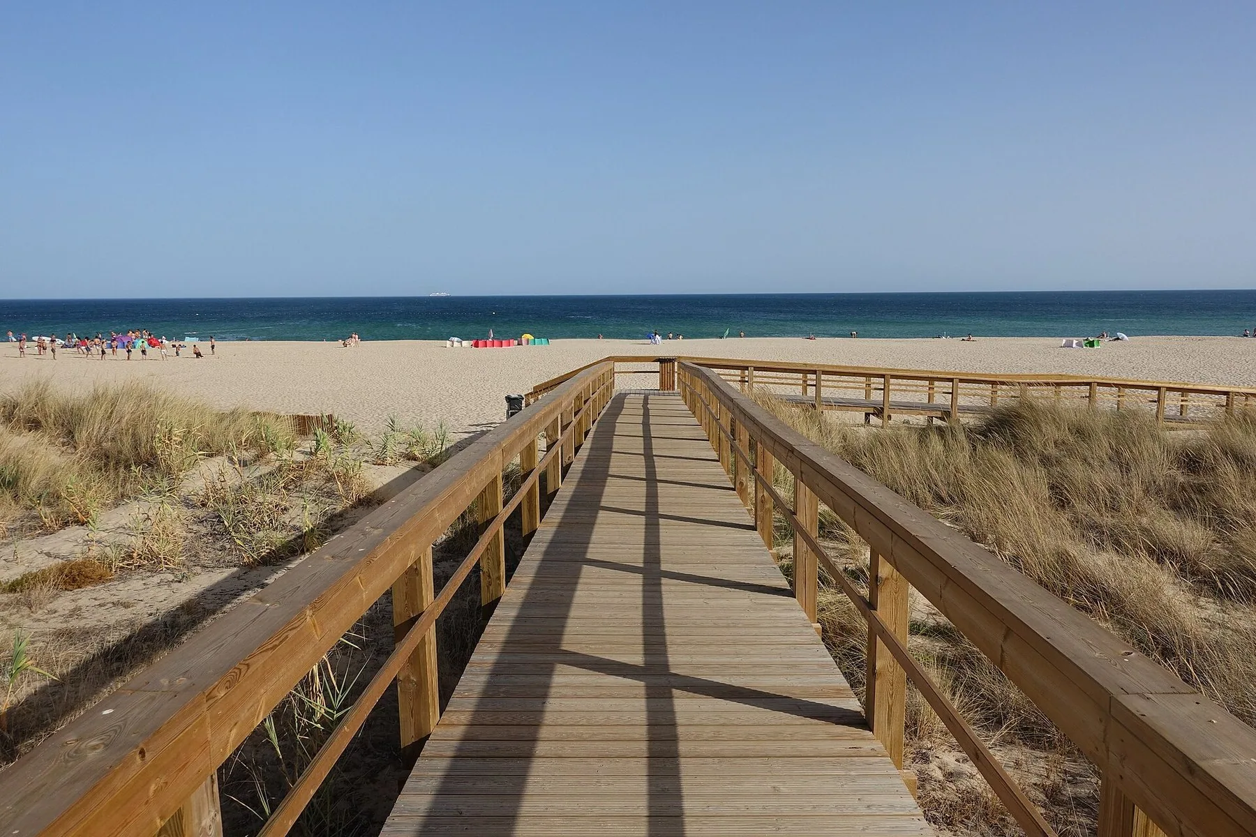 Gangbro av tre over sanddynene ned til den brede sandstranden Meia Praia ved Lagos