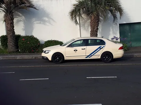 Kremfarget taxi med blå stripe parkert under palmer i Ponta Delgada på Azorene